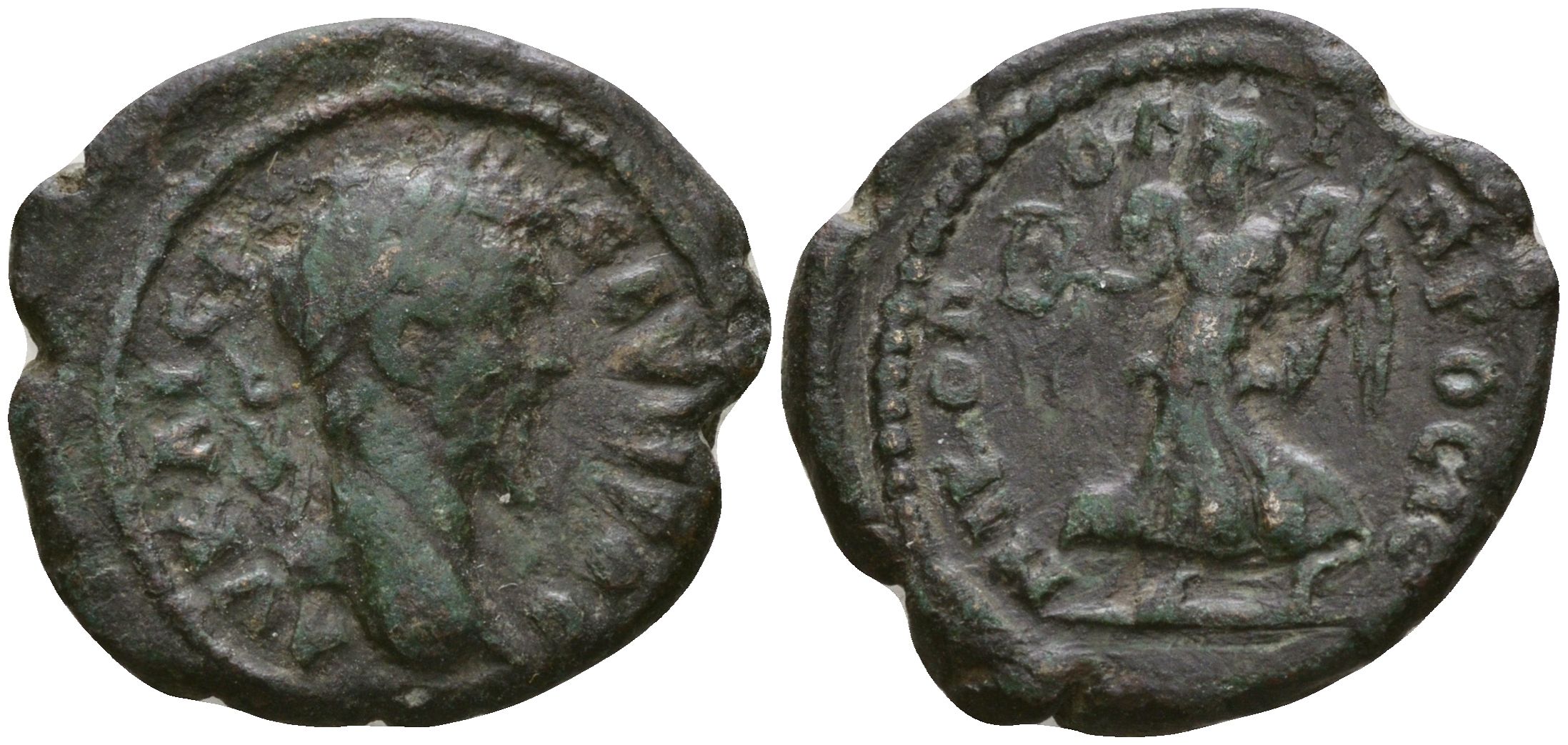 Римская Империя, Провинция Нижняя Мезия, Никополь-на-Истре AE 193 - 211 Септимий Север, бюст императора / богиня Нике Moushmov 917 бронза 1100-7-33