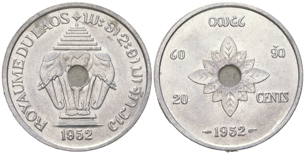 Лаос 20 центов 1952 король Сисаванг Вонг (1904-1959), слоны KM 5 алюминий aUNC 4121-1223