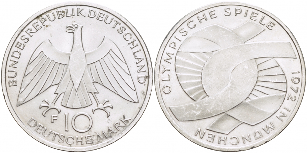 ФРГ 10 марок 1972 F, XX летние Олимпийские игры 1972 года в Мюнхене, символика KM 131, J.402 серебро UNC 4127-113