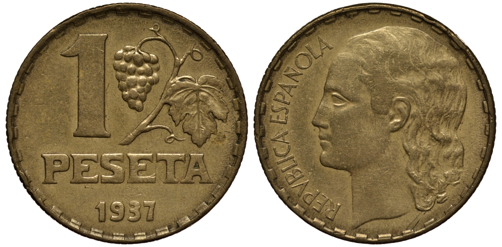 ИСПАНИЯ 1 ПЕСЕТА 1937 ВТОРАЯ РЕСПУБЛИКА (1931-1939) KM 755 латунь 113-352