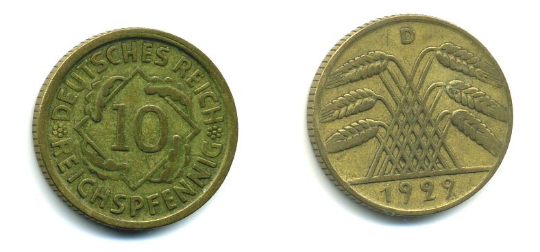 ГЕРМАНИЯ 10 РЕЙХСПФЕННИГОВ 1929 D, KM 40, J. 317 алюминиевая бронза 46-1432