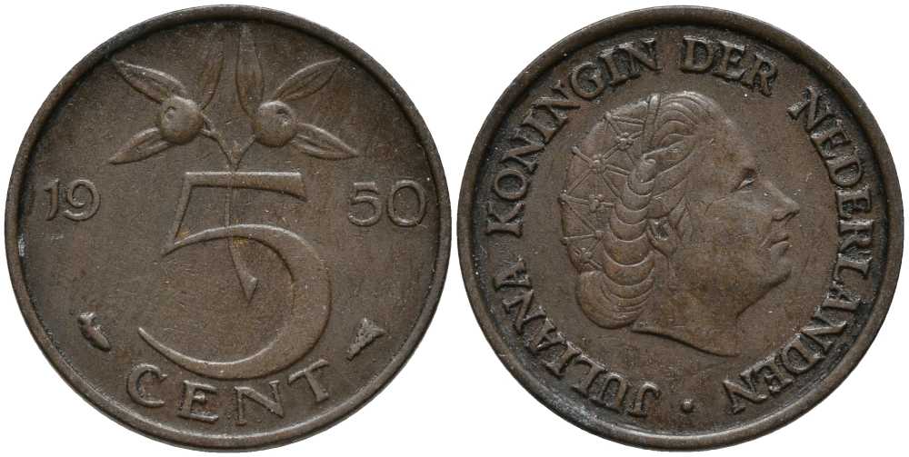 НИДЕРЛАНДЫ 5 ЦЕНТОВ 1950 ЮЛИАНА KM 181 бронза 113-653