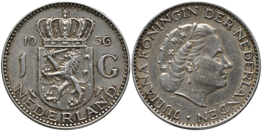 Нидерланды 1 гульден 1956 Юлиана (1948-1980) KM 184 серебро 413-3641