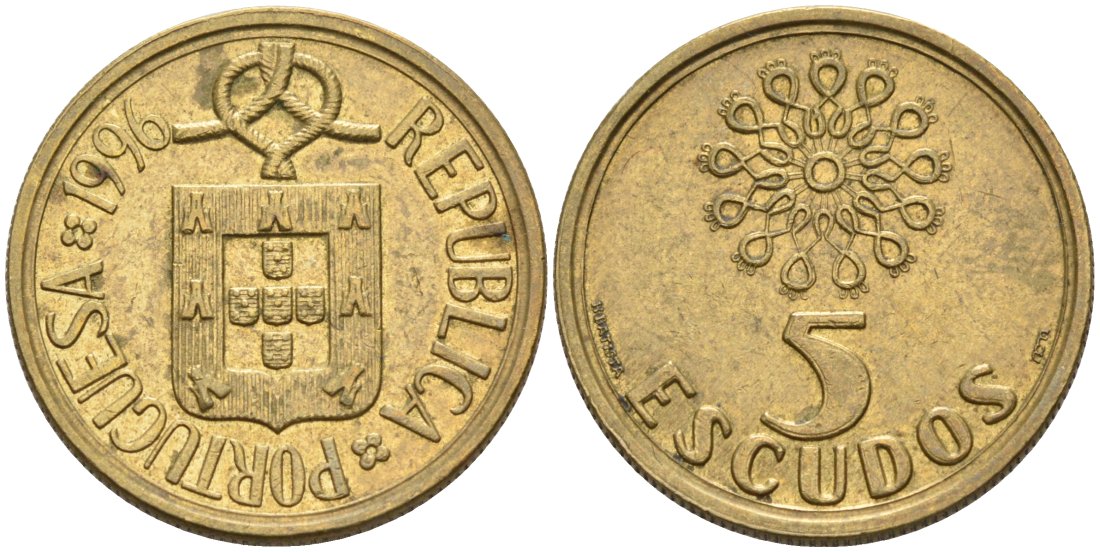Португалия 5 эскудо 1996 KM 632 никель латунь 4573-1011
