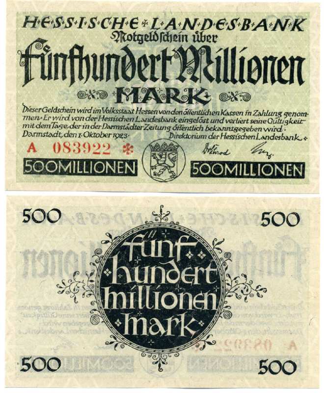 Германия, Дармштадт 500000000 марок (500 миллионов) 1923 1 октября 1923, нотгельд, земля Гессен, серия А, номер, снежинка, Hessesche Landesbank Keller 956е  бумага  UNC (пресс) 8613-20-1-2