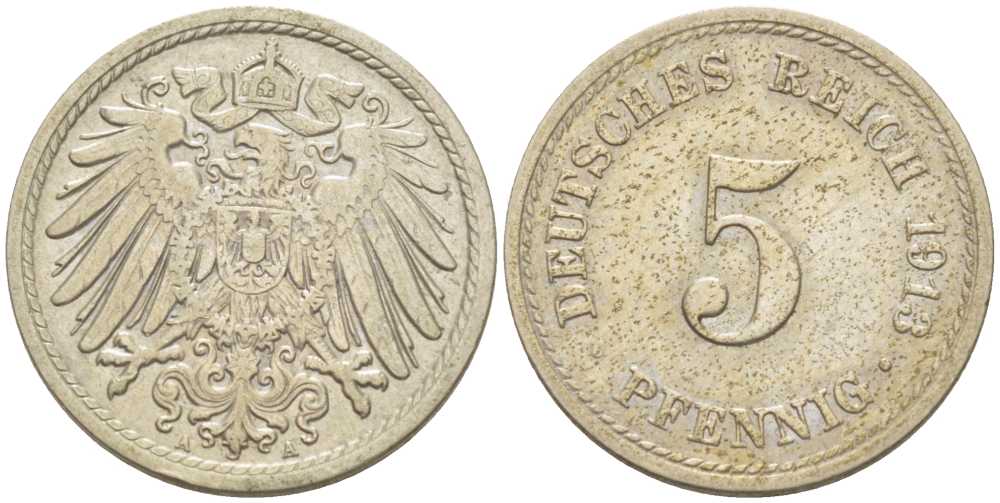 ГЕРМАНИЯ 5 ПФЕННИГОВ 1913 A KM 11, J. 12, Weege 6 медно-никель 206-1016