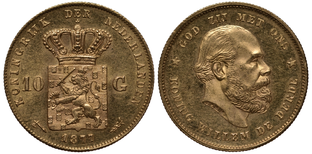Нидерланды 10 гульденов 1877 Виллем III KM 106 золото UNC 00-808-02