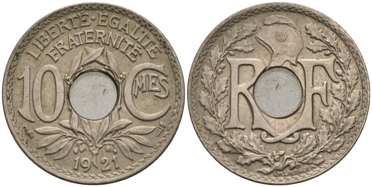 Франция 10 сантимов 1921 тип Линдайё KM 866a, Le Franc 138.3 медно-никель 4143-913