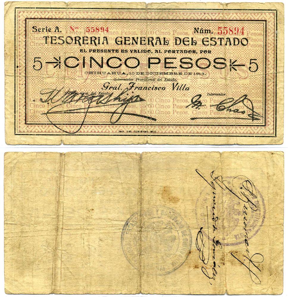 Мексика, Чиуауа 5 песо 1913 10 декабря 1913, Tesorerнa General del Estado Pick S 554b бумага 451-90-2