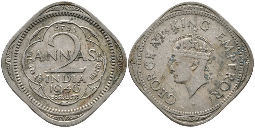 Британская Индия 2 анна 1946 Георг VI (1936-1952) KM 542 медно-никель 3334-244