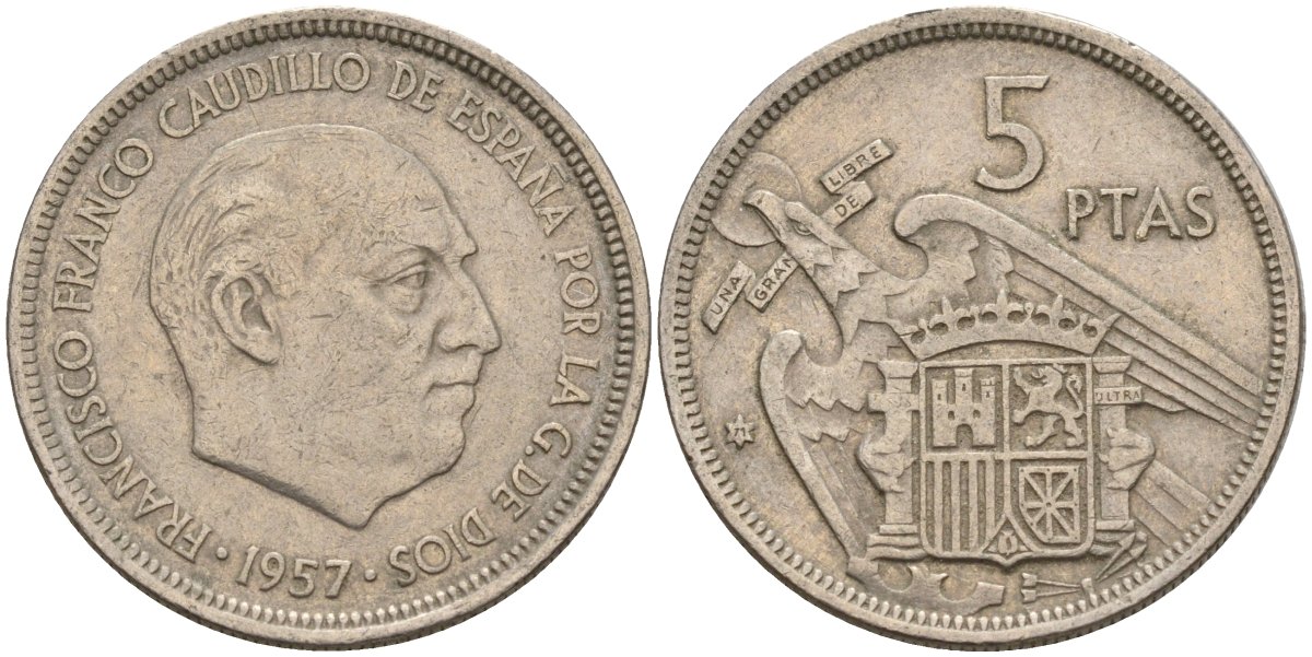 Испания 5 песет 1957 (71) Франсиско Франко (1939 - 1975) KM 786 медно-никель 4155-551
