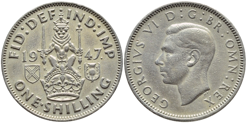 Великобритания 1 шиллинг 1947 Георг VI (1936-1952), Шотландский герб KM 864, Spink 4104 медно-никель 4395-1157