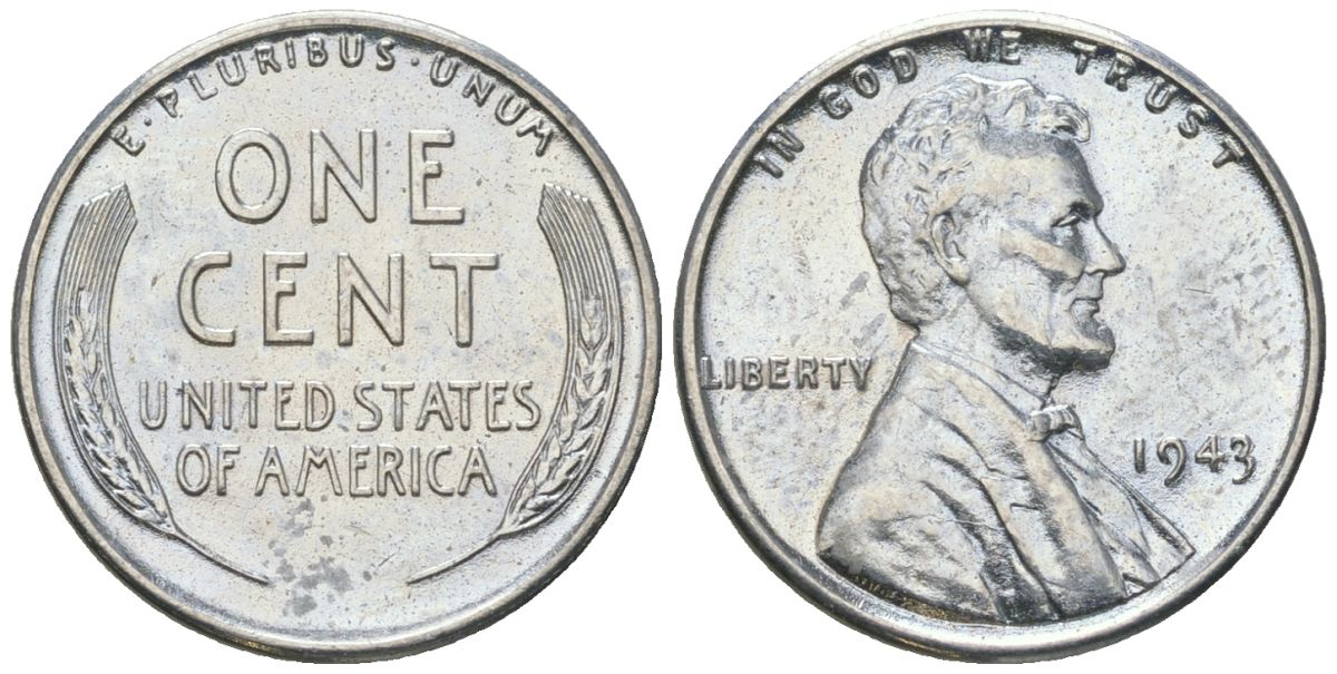 США 1 цент 1943 Авраам Линкольн KM 132 a сталь покрытая цинком aUNC 112-912
