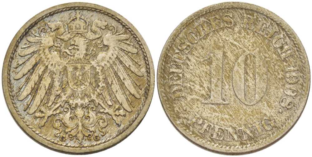 ГЕРМАНИЯ 10 ПФЕННИГОВ 1908 G KM 12, J. 13, Weege 8 медно-никель 212-113