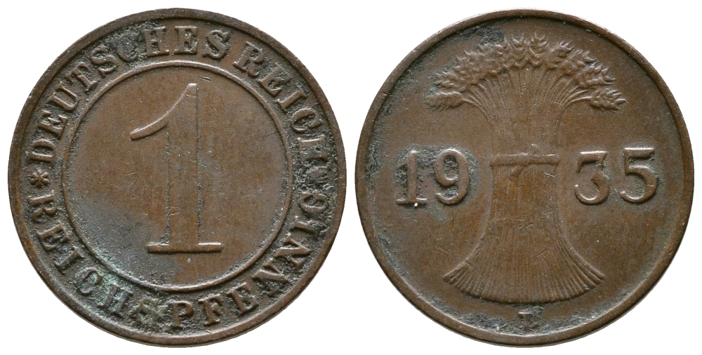 Германия 1 рейхспфенниг 1935 D KM 37, J. 313 бронза 220-123