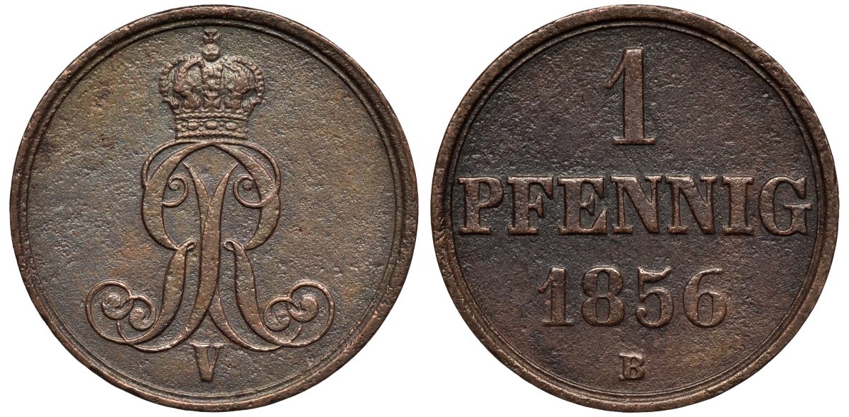 Ганновер 1 пфенниг 1856 B, Георг V KM 221, AKS 155, J. 83 медь 4594-215