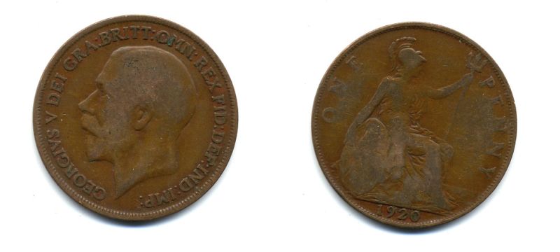 Великобритания 1 пенни 1920 Георг V (1910-1936) КМ 810, Spink 4051 бронза 47-411