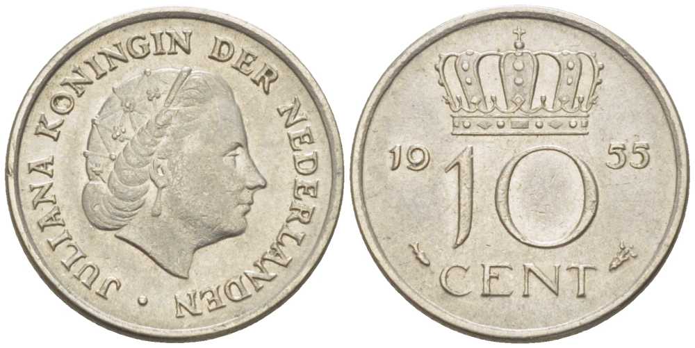 Нидерланды 10 центов 1955 Юлиана (1949-1980) KM 182 никель 214-1144