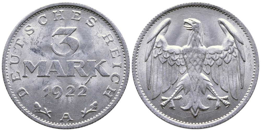 ГЕРМАНИЯ 3 МАРКИ 1922 А KM 28, J. 302 алюминий 4380-646