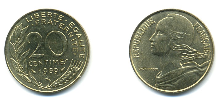 ФРАНЦИЯ 20 САНТИМОВ 1989 KM 930 медь алюминий никель 25-316