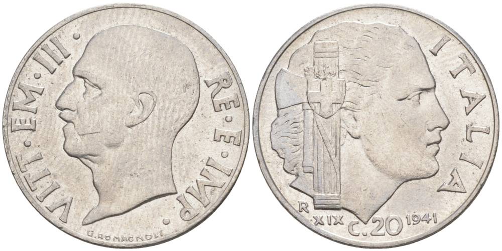 ИТАЛИЯ 20 ЧЕНТЕЗИМО 1941 R, ГОД XIX, ВИКТОР ЭММАНУИЛ III (1900-1946) KM 75b, VEM3. 1028 нержавеющая сталь 3853-1012