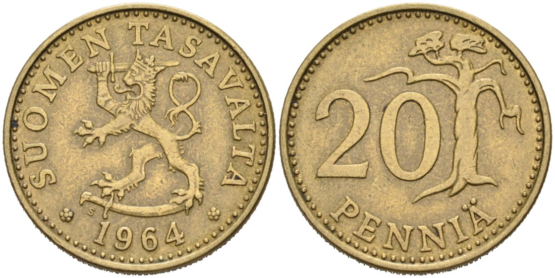 ФИНЛЯНДИЯ 20 ПЕННИ 1964 S KM 47 алюминиевая бронза 4563-257