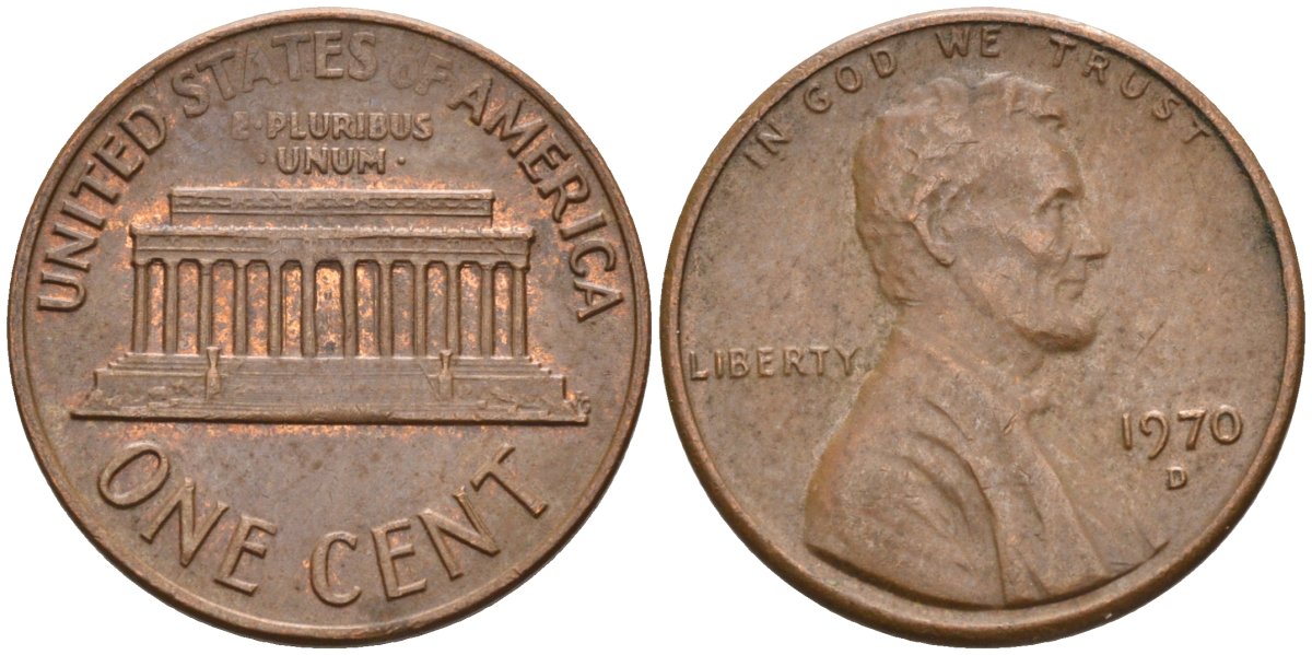 США 1 цент 1970 D, Линкольн KM 201 медь цинк 4115-862