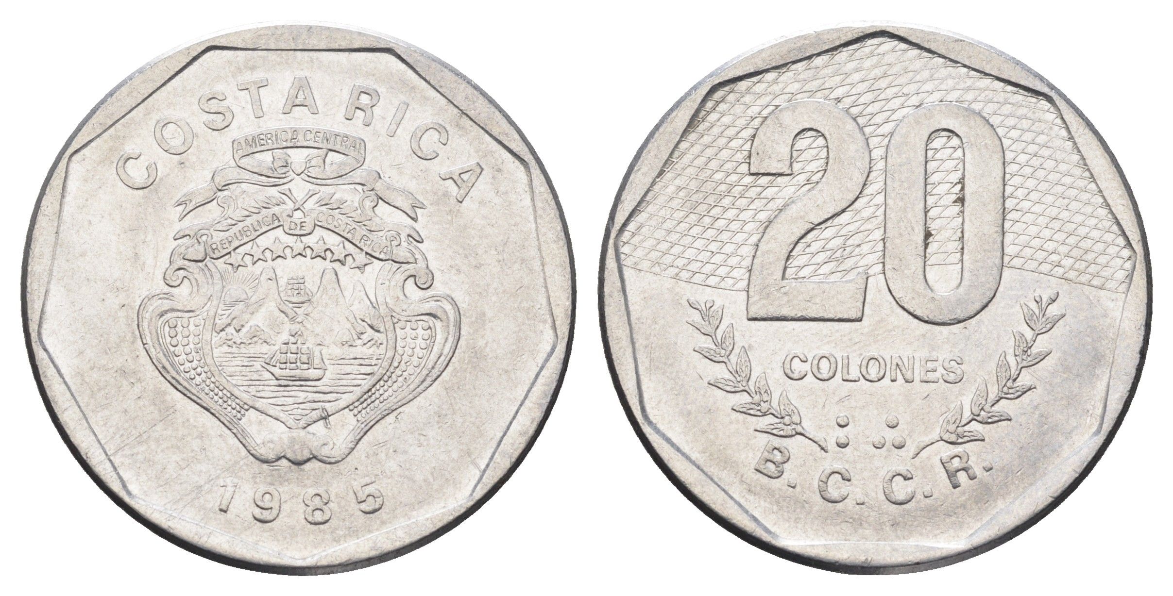 Коста-Рика 20 колонов 1985 год-тип KM 216.2 нержавеющая сталь 4661-1131