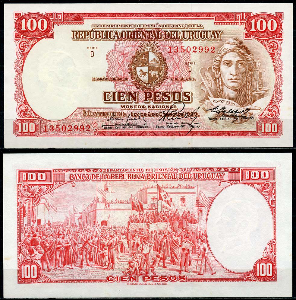Уругвай 100 песо 1939 конституция, приведение к присяге Конституции, 1830 год, серия D, Gerente General Pick 39 c (2)  бумага  UNC (пресс) 451-70-1