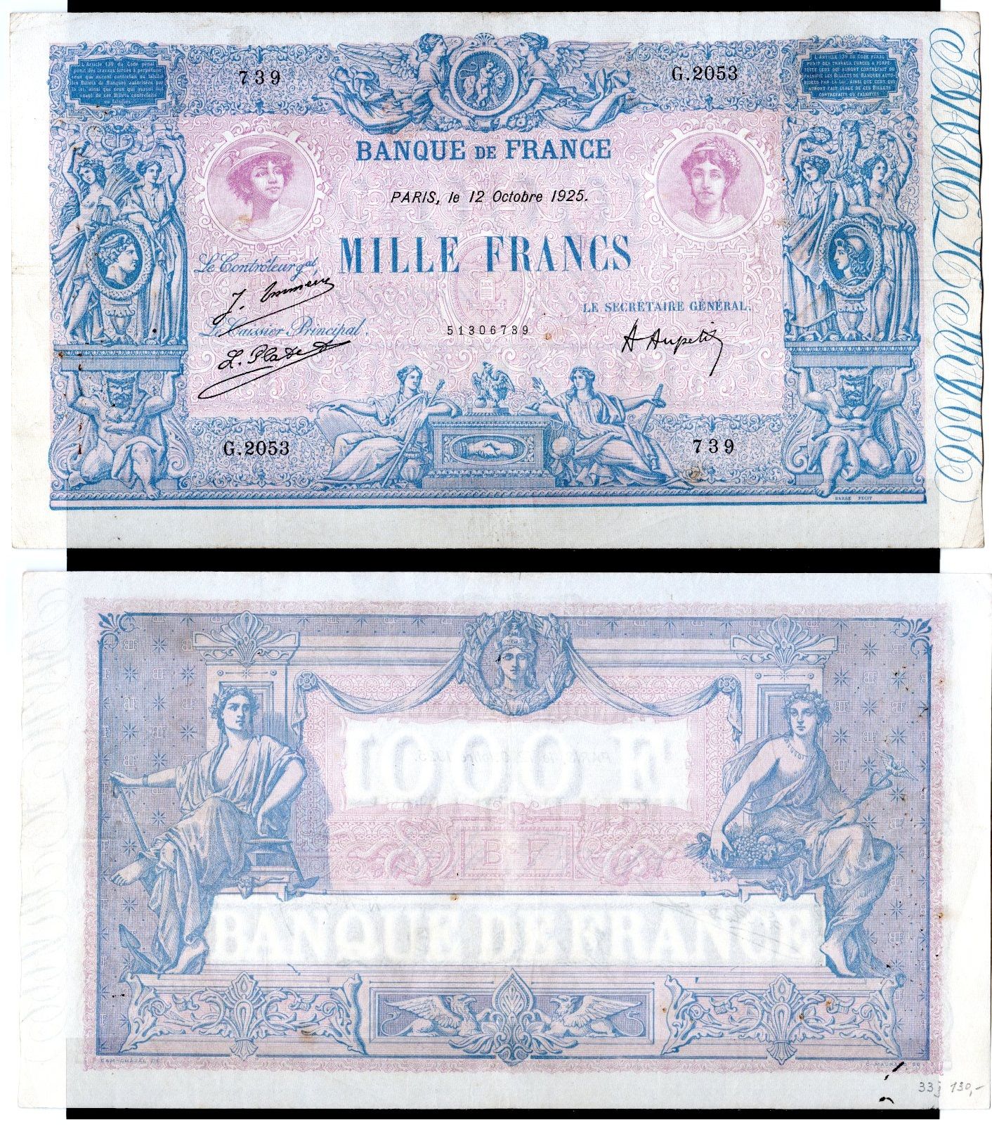 Франция 1000 франков 1925 Женщина, Меркурий Pick 67 j бумага 451-1176-1