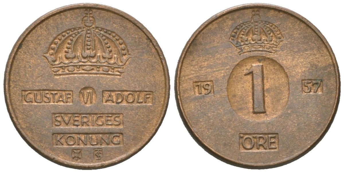 Швеция 1 эре 1957 TS, Густав VI Адольф (1950-1973) KM 820 бронза 218-1234