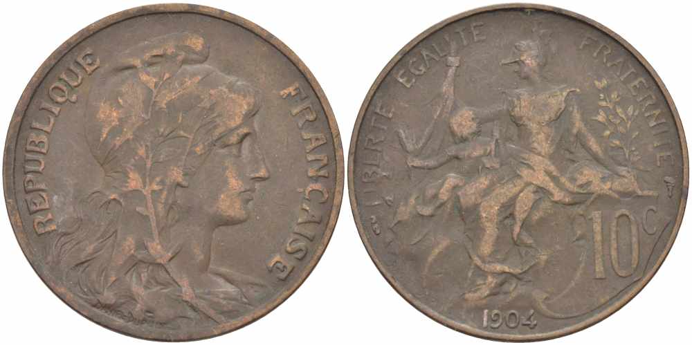 ФРАНЦИЯ 10 САНТИМОВ 1904 ТИП ДАНИЭЛЬ ДЮПЮИ KM 843, LA FRANC 136.14 бронза 109-215