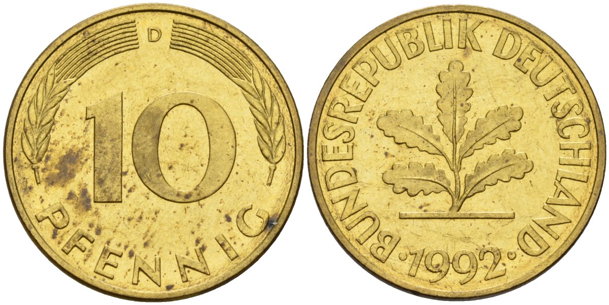 ФРГ 10 пфеннигов 1992 D KM 108, J. 383 сталь плакированная латунью 4175-1233