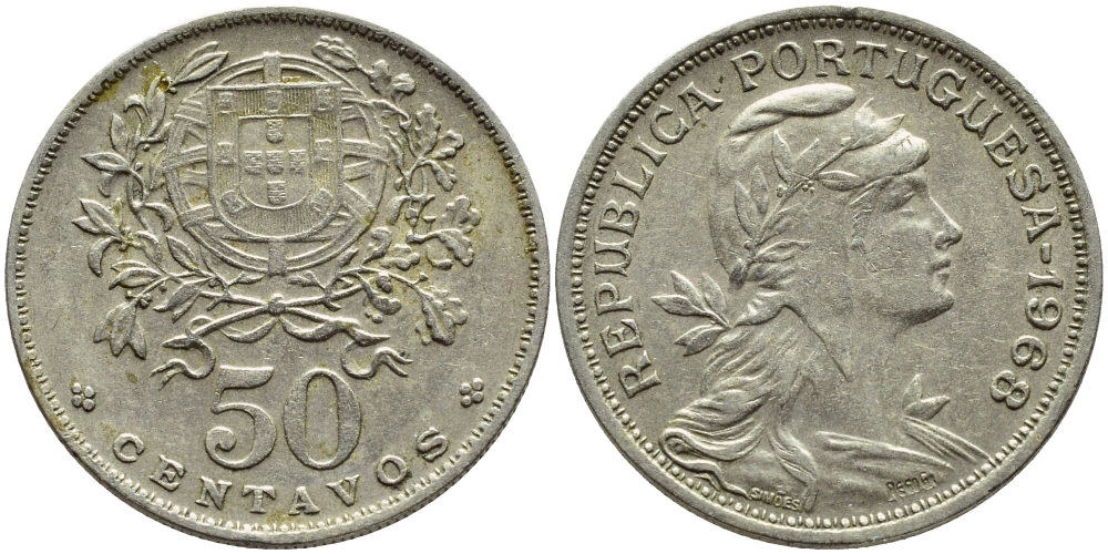Португалия 50 сентаво 1968 KM 577 медно-никель 4395-753