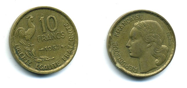 ФРАНЦИЯ 10 ФРАНКОВ 1957 KM 915.1, LE FRANC 363.13 алюминиевая бронза 46-437
