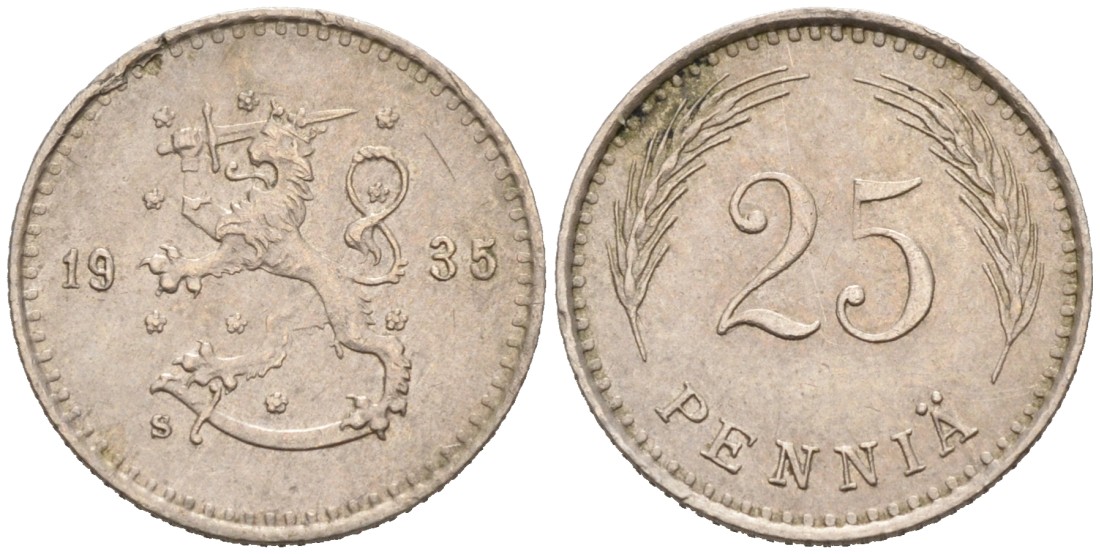 ФИНЛЯНДИЯ 25 ПЕННИ 1935 S KM 25 медно-никель 192-1156