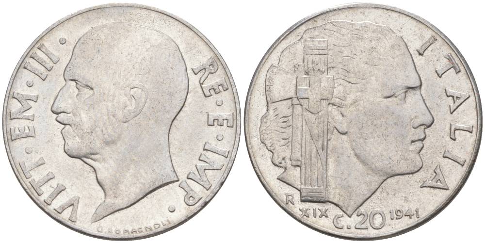 ИТАЛИЯ 20 ЧЕНТЕЗИМО 1941 R, ГОД XIX, ВИКТОР ЭММАНУИЛ III (1900-1946) KM 75b, VEM3. 1028 нержавеющая сталь 3853-916