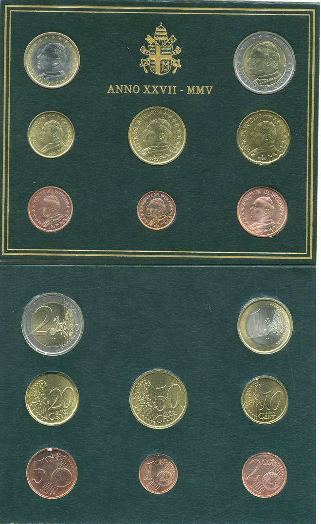 Ватикан евронабор из 8 монет 2005 Папа Иоанн Павел II, в оригинальном буклете KM MS 111 биметалл UNC 7-1-1-22
