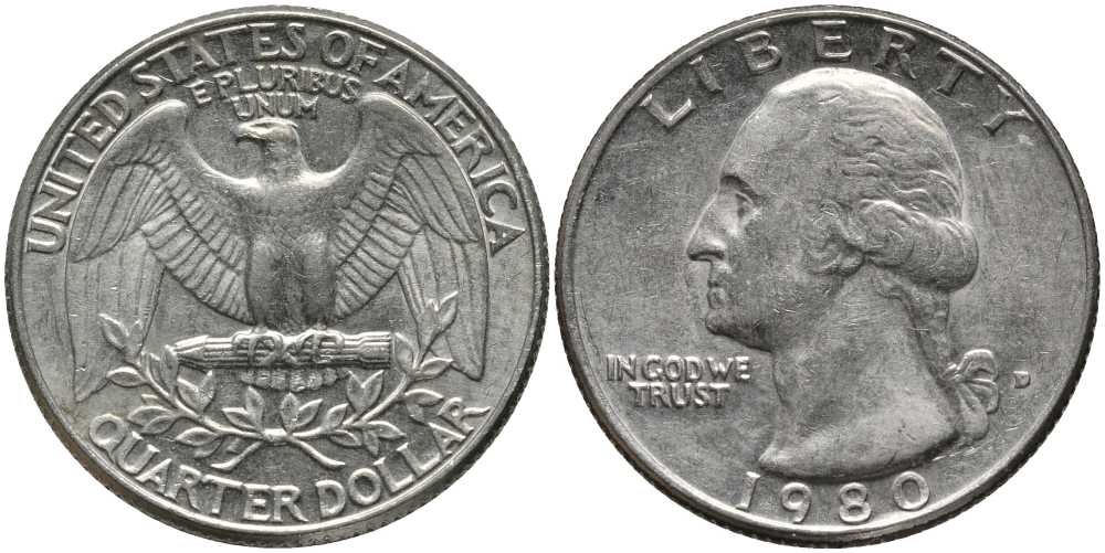 США 25 центов (квотер) 1980 D, Вашингтон KM А164а медь плакированная медно-никелем 113-516