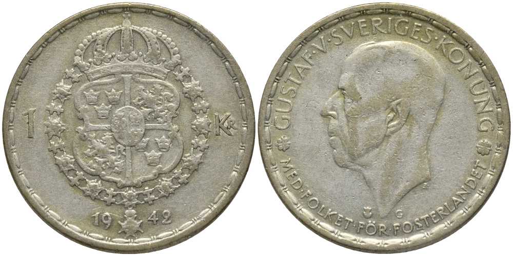 Швеция 1 крона 1942 G, Густав V (1907-1950) KM 814 серебро 202-524