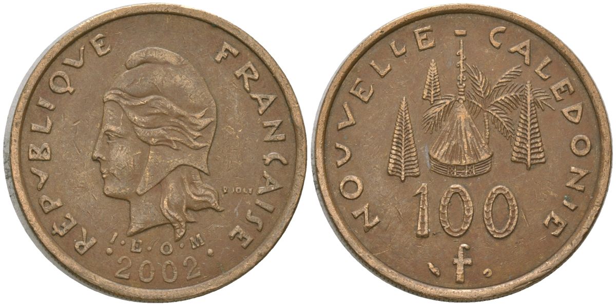 Французская Новая Каледония 100 франков 2002 хижина среди сосен и пальм, (IEOM) KM 15, Schoen 16, Lec 139f никель латунь 4149-125