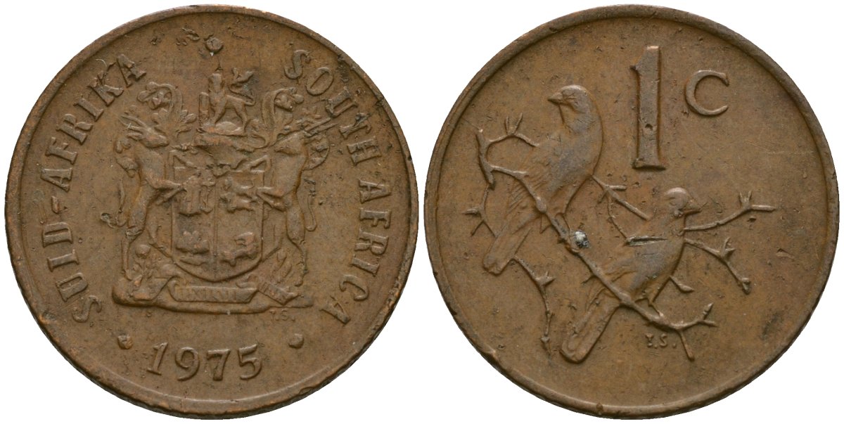 ЮАР 1 цент 1975 герб ЮАР, капские воробьи KM 82 бронза 4136-456