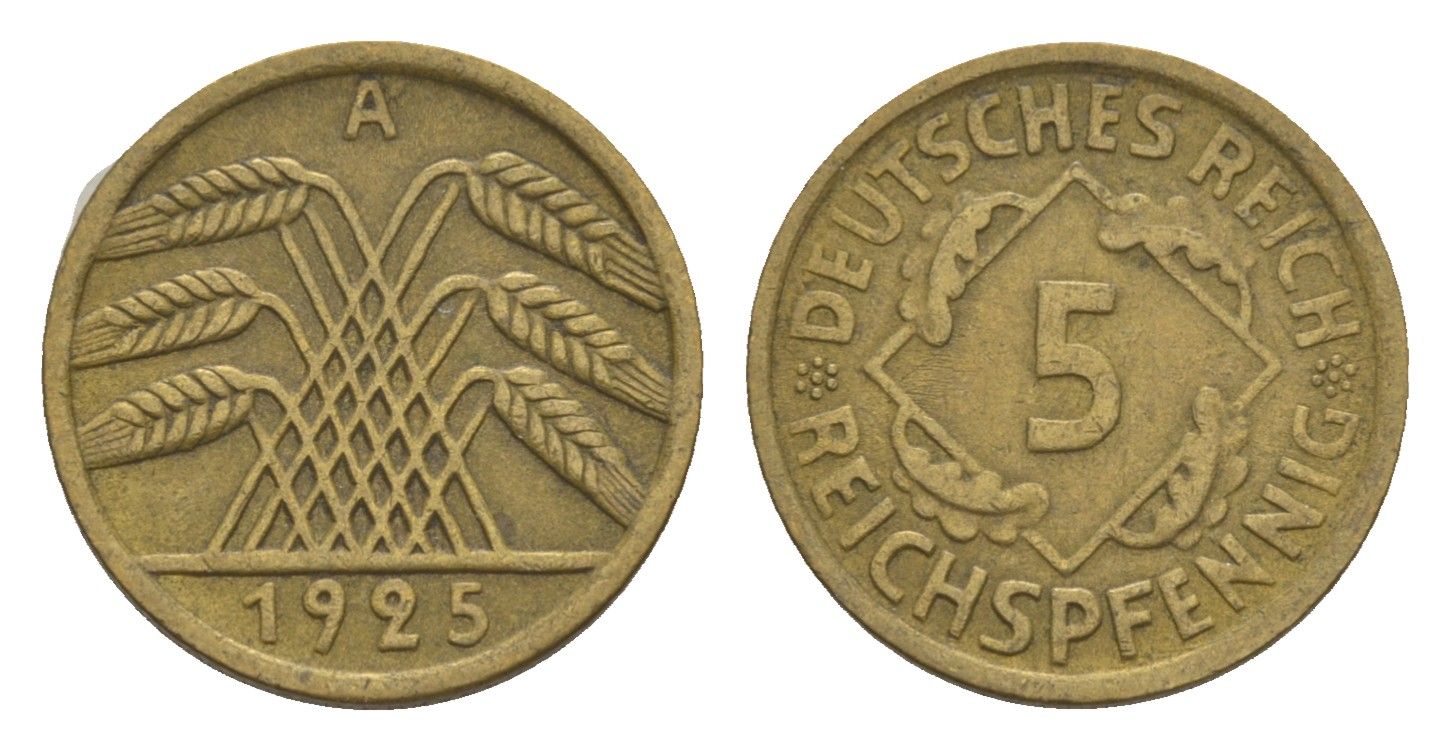 Германия 5 рейхспфеннигов 1925 A KM 39, J. 316 алюминиевая бронза 4615-138