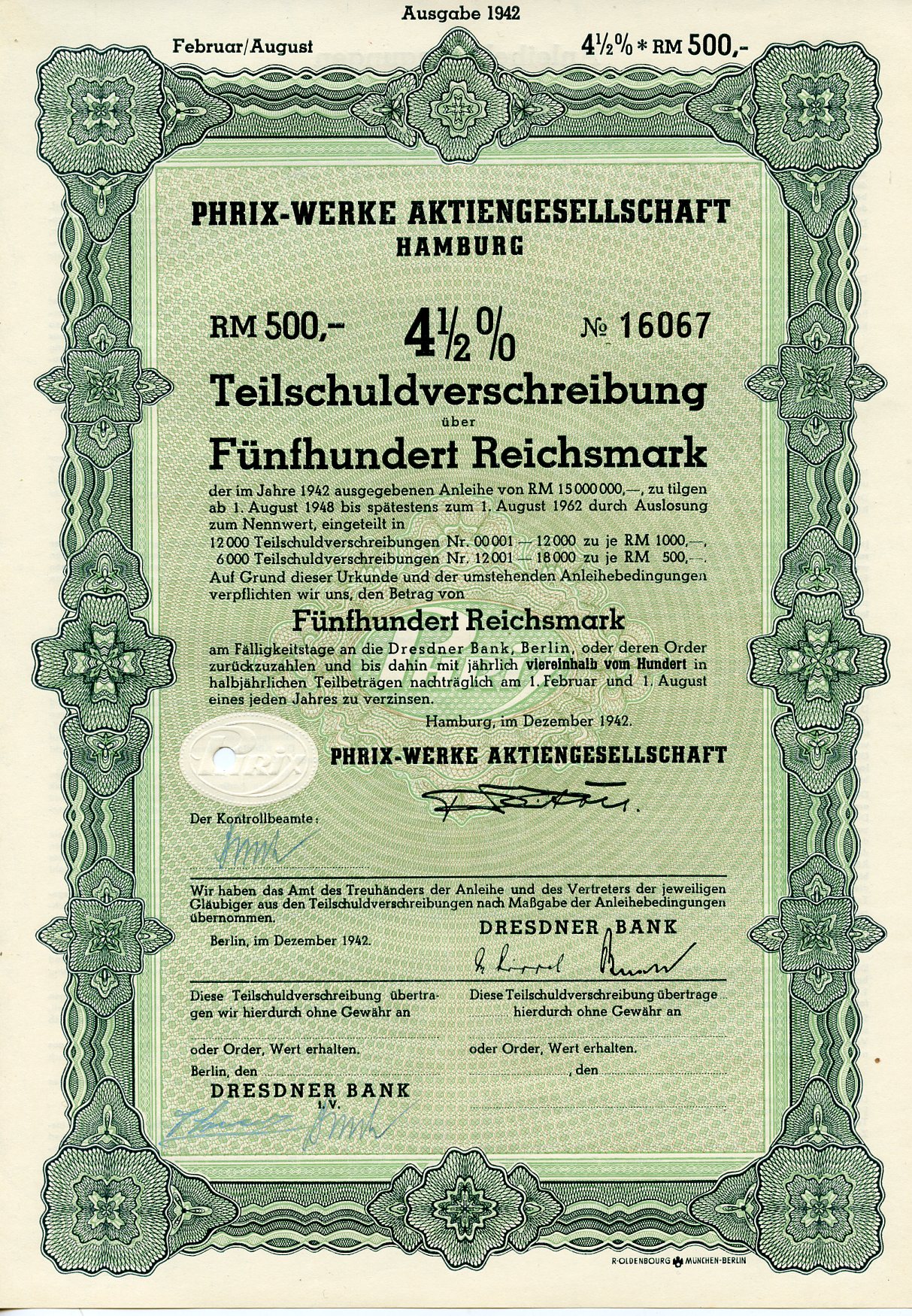 Германия 500 рейхсмарок 1942 АО Phrix-Werke, Гамбург, 4 1/2% облигация   бумага  8804-103-1