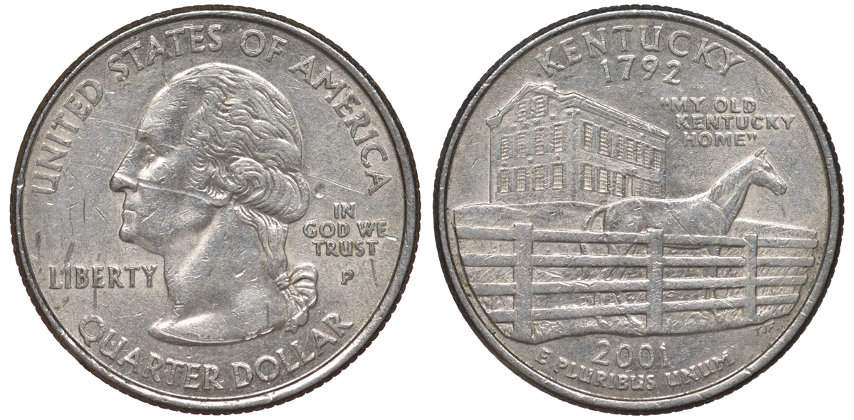 США 25 центов = квотер 2001 Р, серия штаты США, Кентукки KM 322 медь плакированная медно-никелем 4539-346