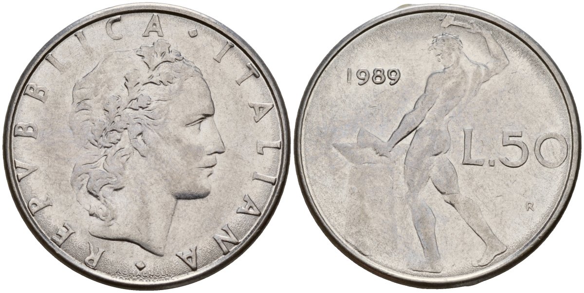 Италия 50 лир 1989 R, бог Вулкан у наковальни KM 95.1 нержавеющая сталь 4156-746