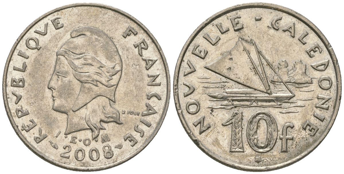 Французская Новая Каледония 10 франков 2008 рыбачья парусная лодка, (IEOM) KM 11a, Schoen 13a, Lec 99k медно-никель 60-551