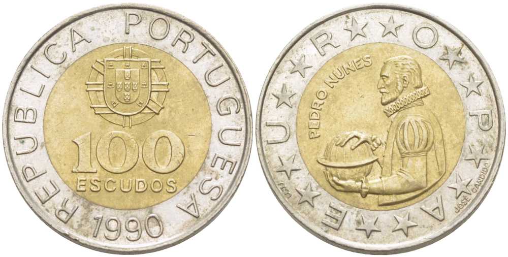 Португалия 100 эскудо 1990 Педру Нуниш (1502-1578), математик KM 645.1 биметалл 213-314