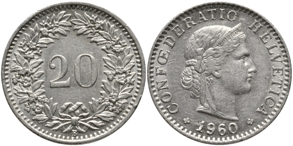 Швейцария 20 раппенов 1960 KM 29a медно-никель 4622-342