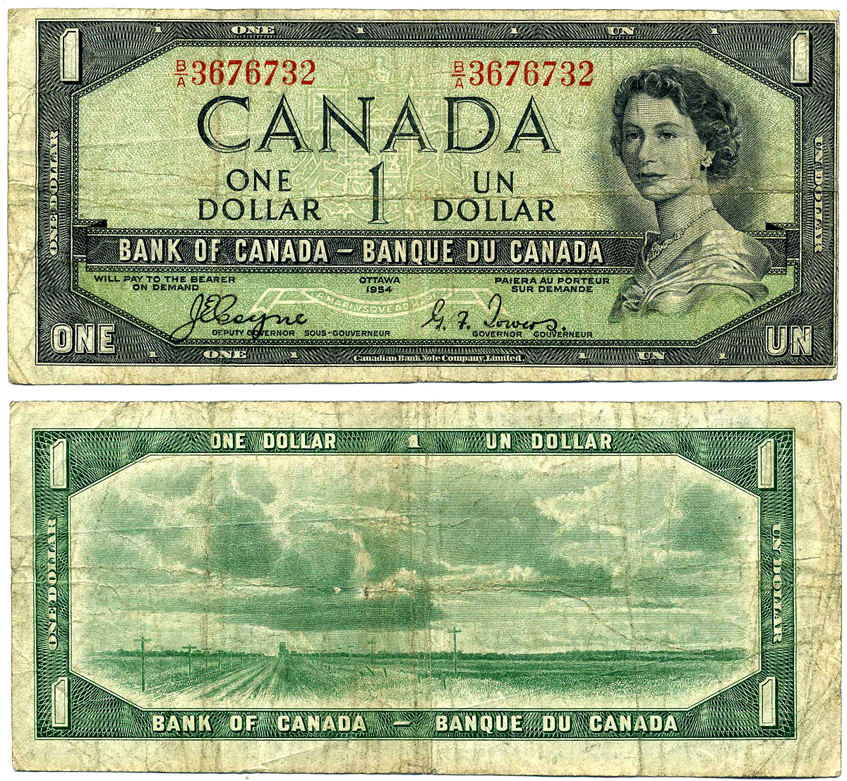 Канада 1 доллар 1954 подписи COYNE-TOWERS, CBNC, DEVIL'S FACE HAIRDO Pick 66a бумага 2197-2-1-2